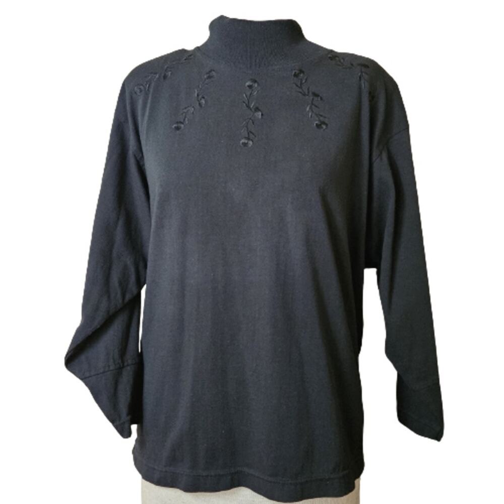 Vintage 80s Black Mock Neck Sweater with Floral Detail Size Small
